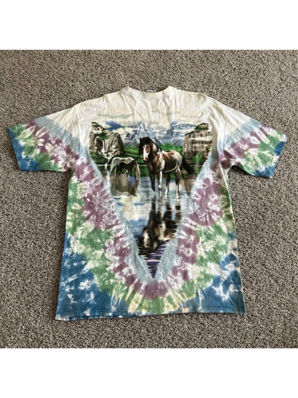 Vintage 1996 Liquid Blue Tie-Dye Wild Horses Graphic T-Shirt - Picture 6 of 13
